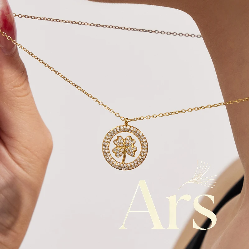 Collar con Colgante de Trébol de Cuatro Hojas Chapado en Oro de 18k, Collar de Cadena Delgada de Acero Inoxidable, Gargantilla Delicada con Circonita para Mujer