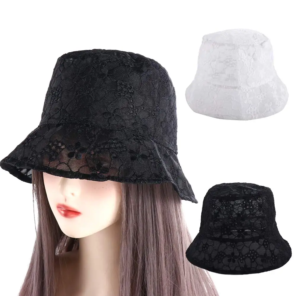 New Summer Lace Bucket Hats Female Vintage Mesh Thin Breathable Flower Hollow Sun Hat Sunscreen Sunshade Hat