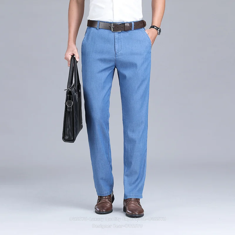 Luxury Summer Natural Lyocell Fabric Business Jeans Men Classic Stretch Straight Office Work Trousers Father's Day Plus Size