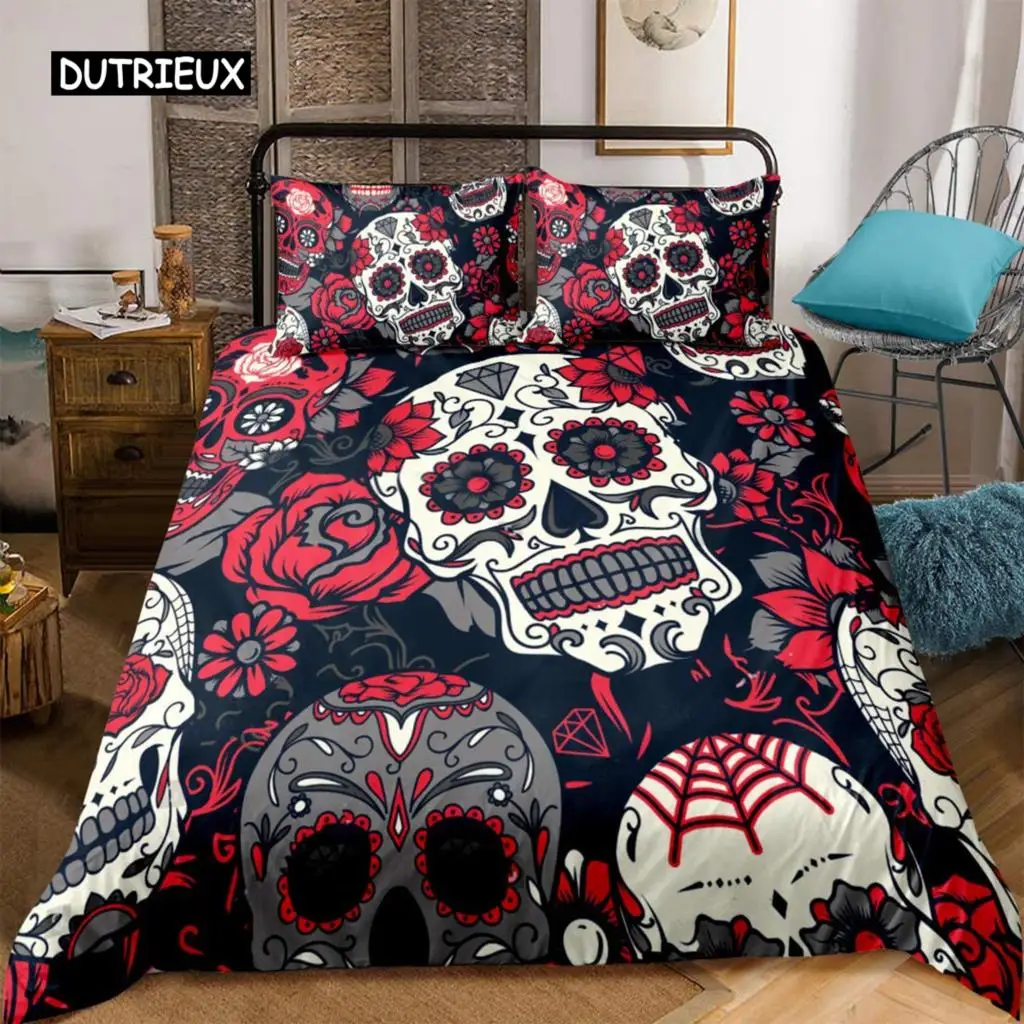 

Sugar Skull Bedding Comforter Cover Set Gothic Duvet Cover Twin/Full/Queen/King Set 3 Pieces Soft Microfiber Duvet Cover