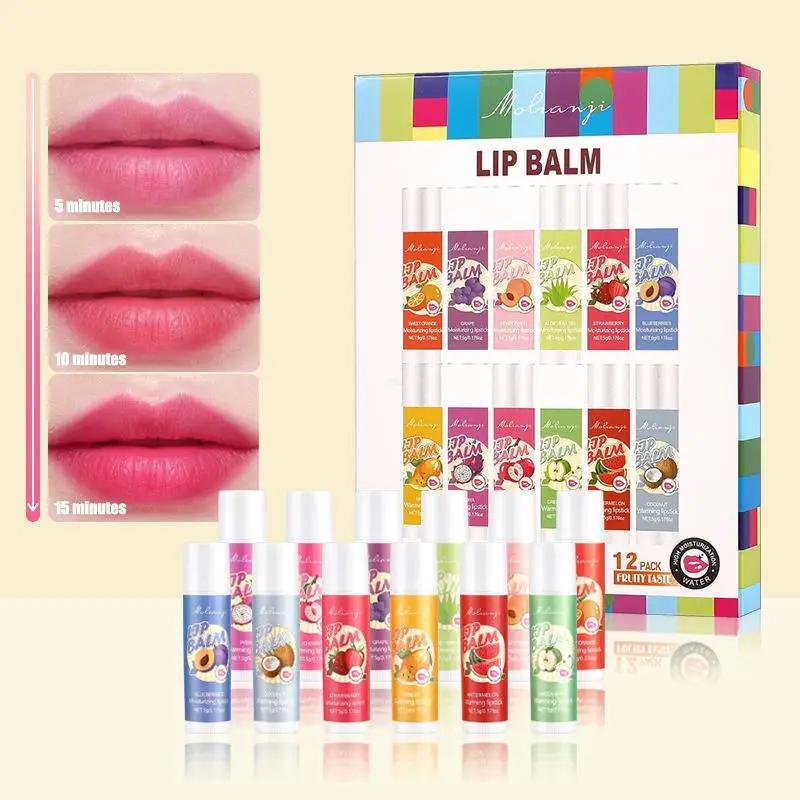 Juego de bálsamo labial que cambia de Color con sabor a fruta hidratante, juego de regalo de lápiz labial descolorido nutritivo hidratante, cuidado de labios agrietado, 12 Uds.