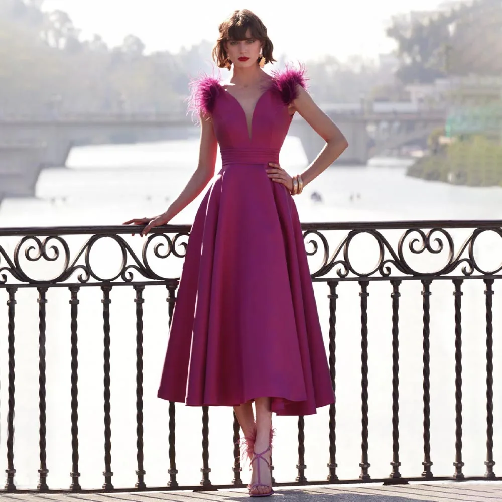 

Purple Wedding Party Dress Short A Line Deep V Neck Satin Evening Dresses for Women Feather Backless Tea Length Prom Gowns Midi