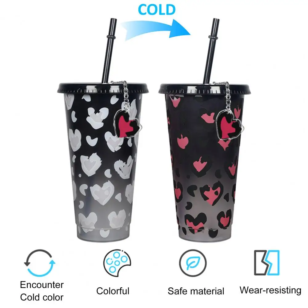 Reusable Color-changing Cup Patterned Color-changing Mug 710ml Colour Changing Straw Mug Set with Heart Pattern for Valentine's