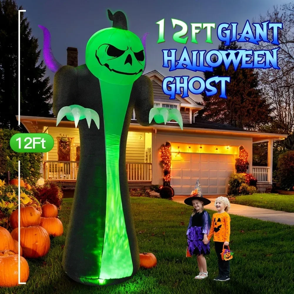 12FT Halloween Inflatables Decoration Outdoor Giant Pumpkin Reaper Ghost with 3-Colored Rotation Flame LEDs Spooky Halloween