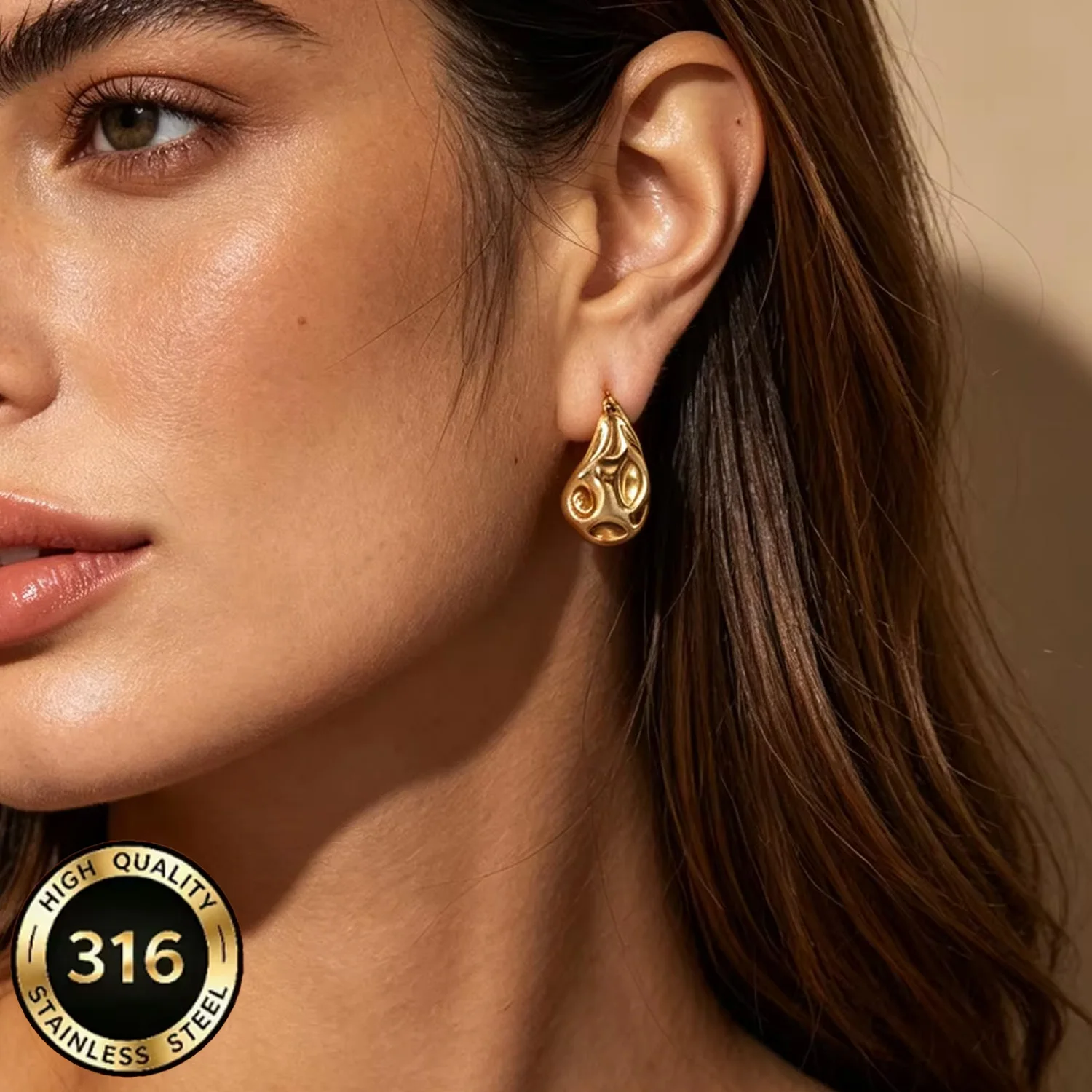 Modische Hochwertige 316L Edelstahl Vergoldete Tropfenförmige Vintage Hohlohrringe, Einzigartige und Elegante Tägliche Ohrstecker für Damen