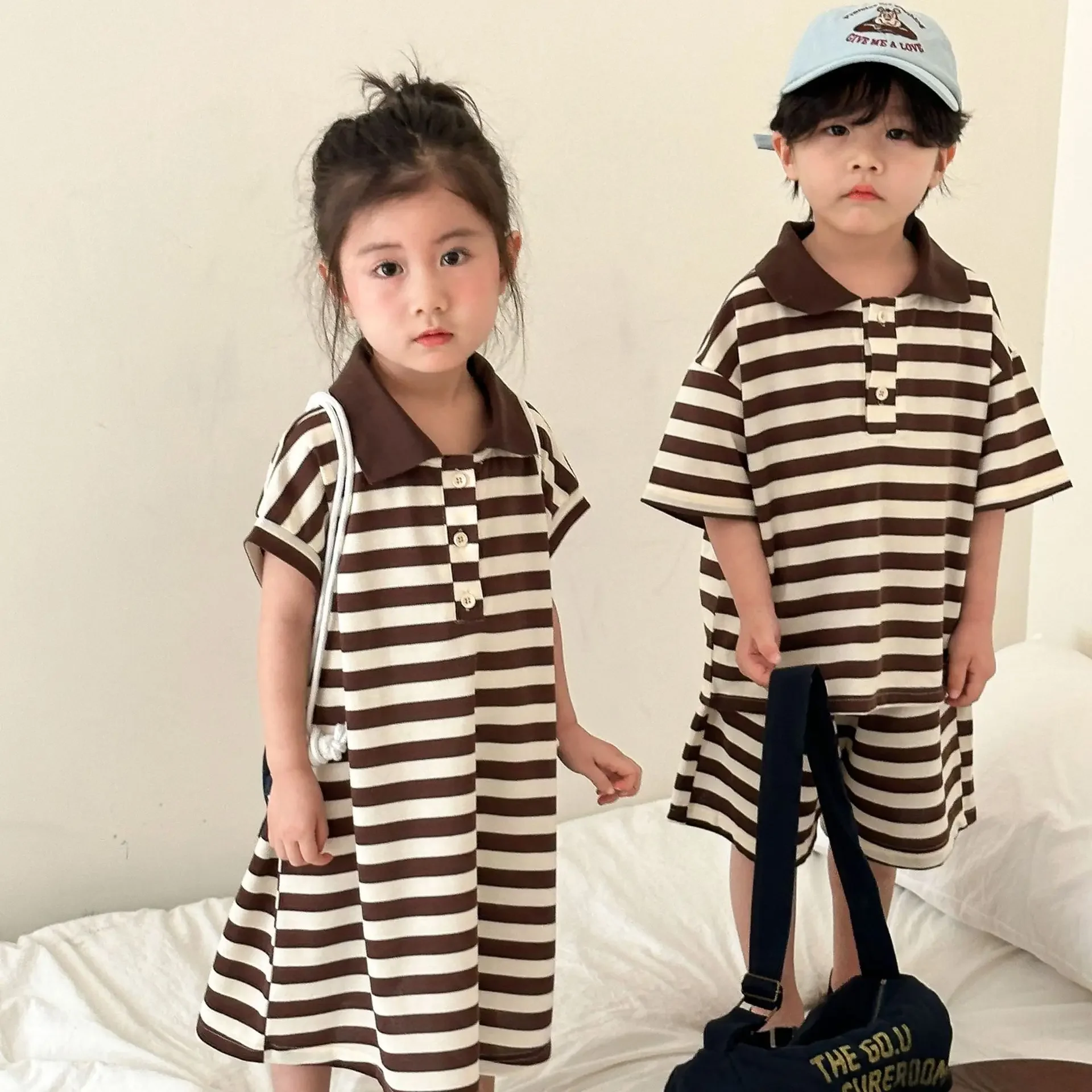 Children Clothing Kids Summer Suit Boys Sport Style 2024 New Fashionable Striped Set Girls Dress Brother and Sister Clothes