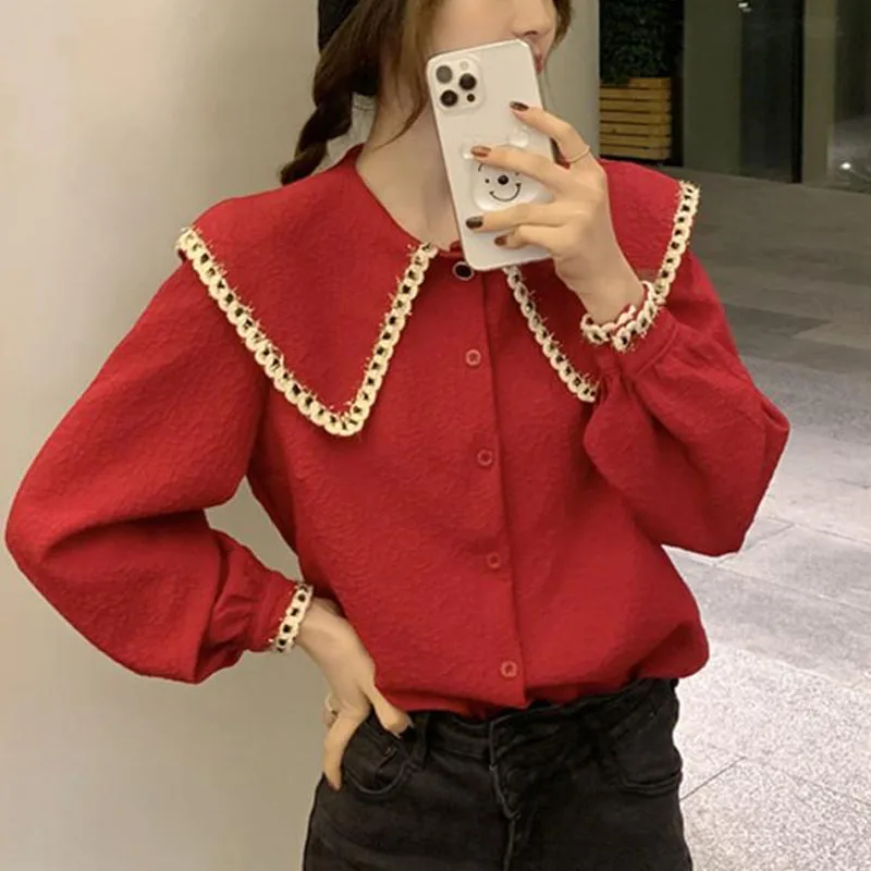 2023 New Spring and Autumn Fashion Simple Retro Doll Collar Lace Shirt Long Sleeve Temperament Commuter Women\'s Unique Loose Top