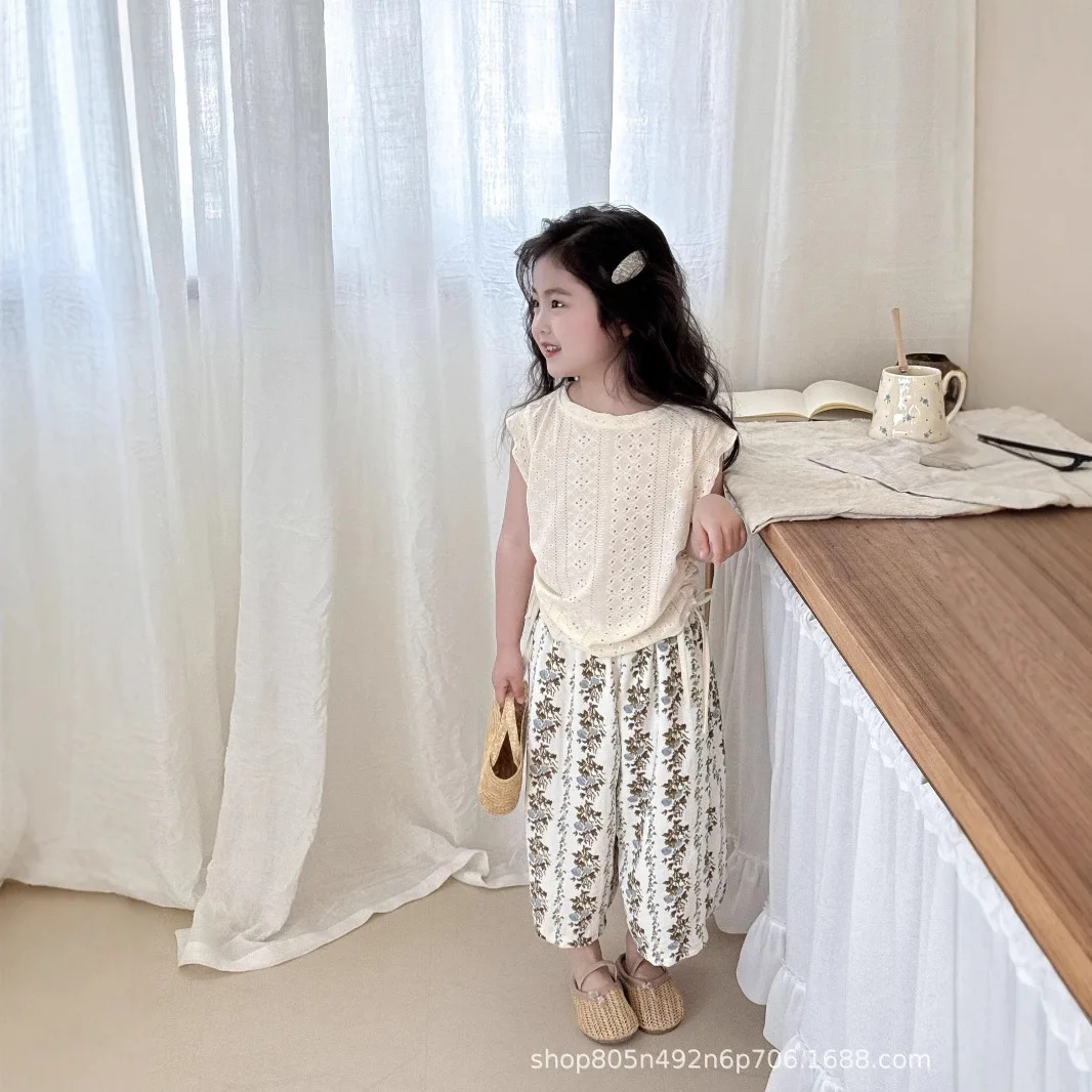 2-12Y Girls Summer Children Sets 2pcs Breathable Hollow Short Sleeve Girls Floral Wide Leg Pants Casual Children's Clothing