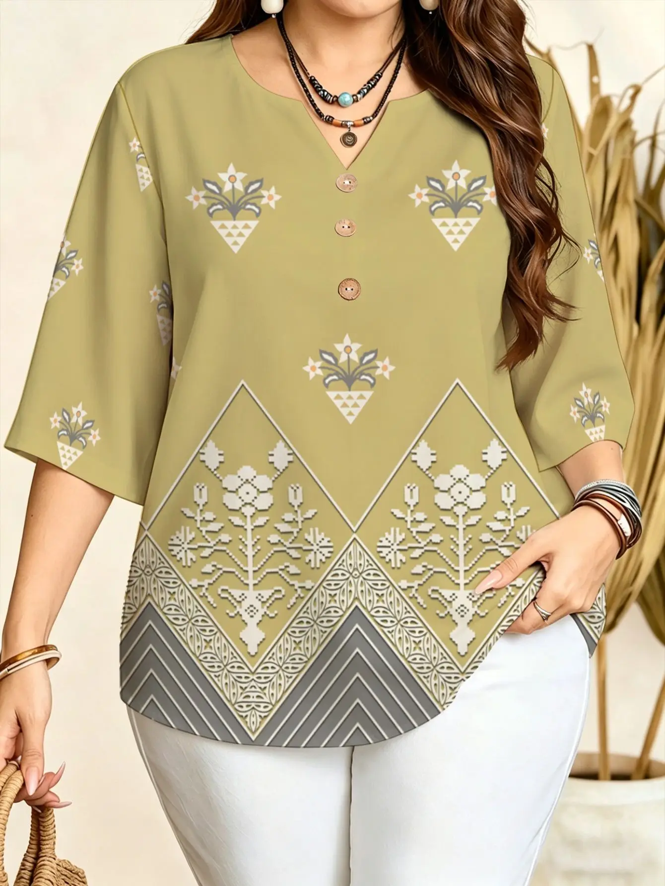 Ethnic Floral Striped Blouses Notch V Neck 3/4 Sleeve Loose Plus Size Women Casual Daily Tops