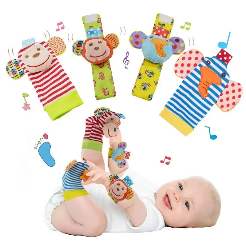 4Pcs Set Baby Infant Wrist Rattle Sock with Color Animal Newbron Toddlor Learning Soft Plush Wristband Toy For 3-12 Months Girl