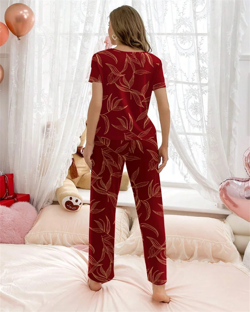 Red bamboo printed pajama suit short sleeved round neck top and elastic belt trousers women\'s pajamas and home wear