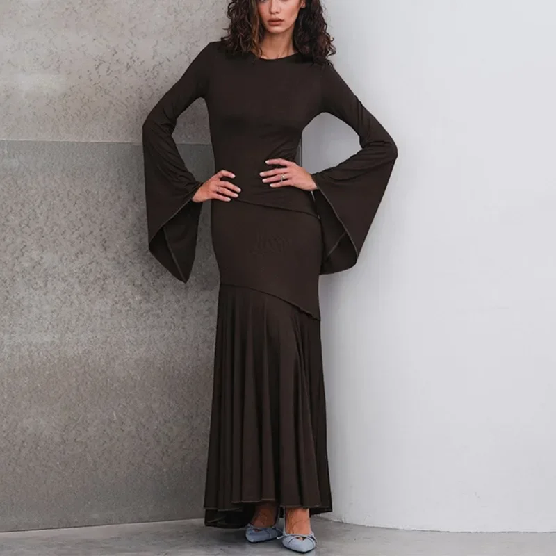 فستان طويل أنيق ثنيات للنساء فستان مكشكش بأكمام طويلة نحيف مطوي عالي الخصر ورقبة مستديرة مرقع فستان نسائي رداء