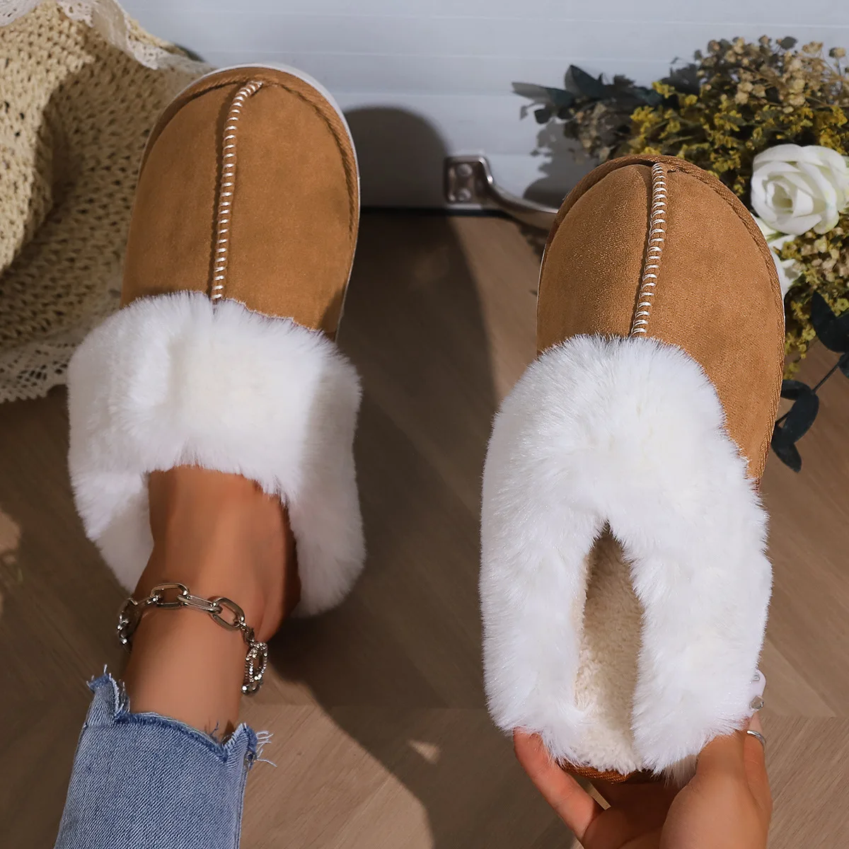 New Fashion Concise Easy Matching Winter Warm Plush Slippers Women Non-slip Soft Slides Indoor Mule Ladies' Home Cotton Shoes