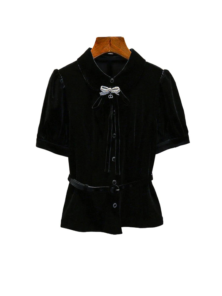 Hochwertiger Samt-Irt mit Fliege in kleiner Fransen-Schlitten für Damen, gerade geschnittener französischer Schlitten mit Diamantverzierung...