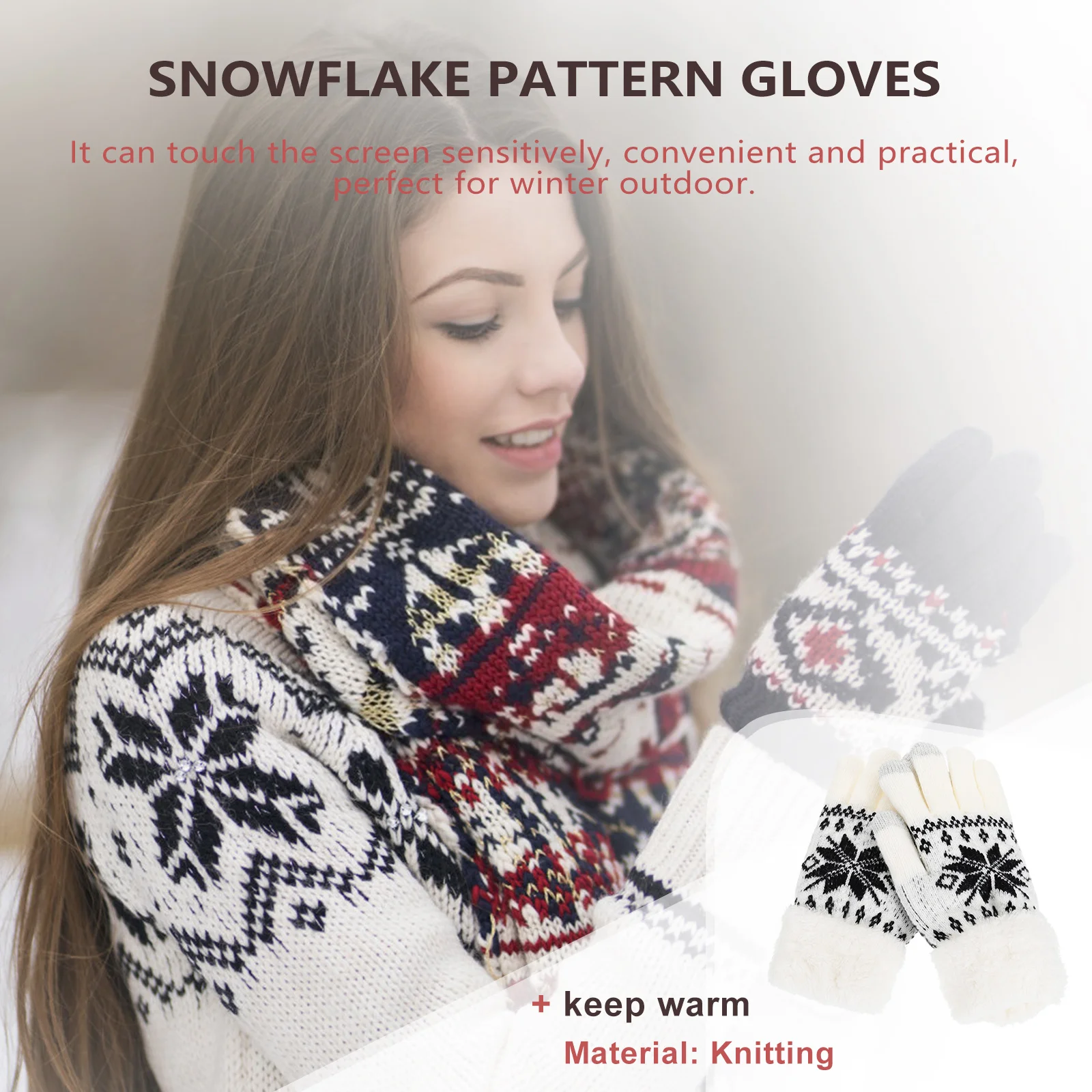 

1Pair Knitting Warm Gloves One Size Fits Most Hands Snowflake Pattern Design Plus Thick Gloves for Winter Daily Wear Outdoor