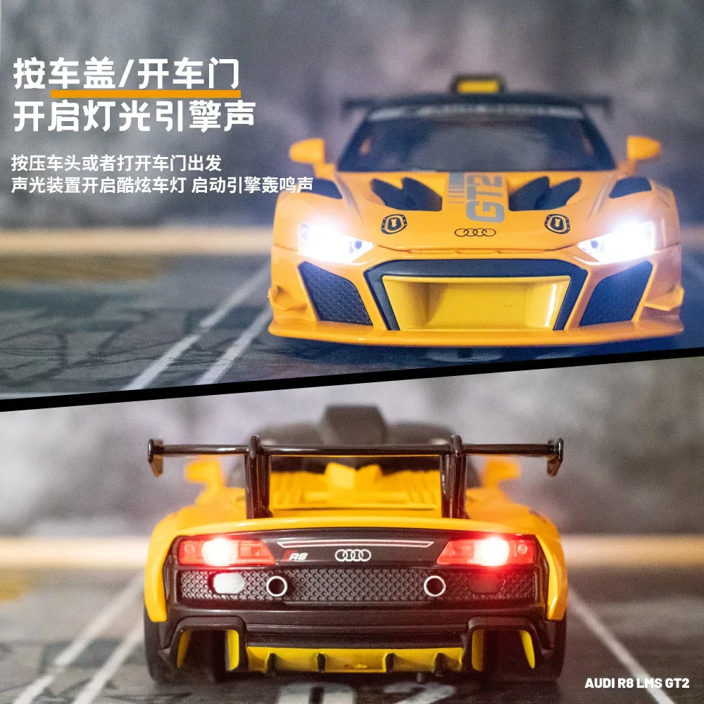 

1:24 Audi R8 LMS GT2 Diecast Metal Alloy Model sports car Pull Back Sound Light Car Children Gift Collection A432