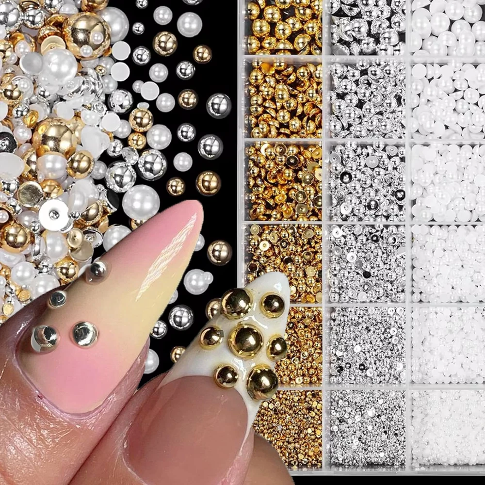

24 сетки, украшения для дизайна ногтей из смешанного жемчуга, 3D полукруглый жемчуг с плоской задней поверхностью, золотые, серебряные икра-бусины для ювелирных изделий своими руками, аксессуары 2-8 мм