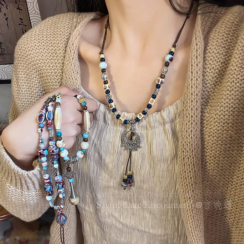 Ceramic Beaded Necklace For Women With A New Chinese Ethnic Style, Niche Sweater Chain, Simple Temperament, And High-End Accesso