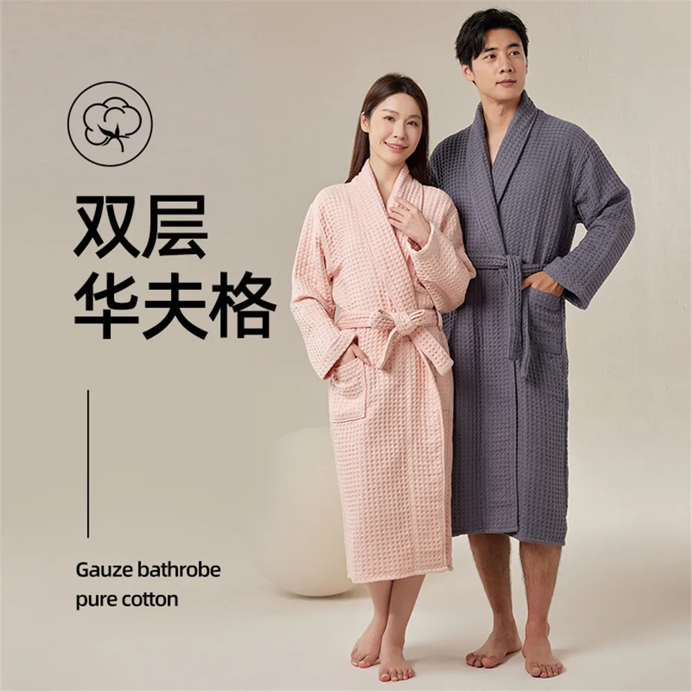 Double Layer Waffle Cotton Couple Long Robe Loungewear Autumn Winter Bathrobe Kimono Night Wear Loose Comfortable Soft Sleepwear