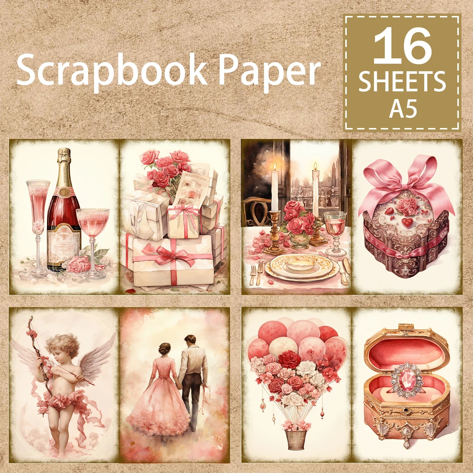 16 Sheets A5 Size Pink Romantic Couple Cupid Background Vintage Grunge Journal Planning Scrapbooking