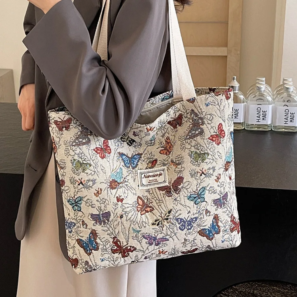Vintage Butterfly Floral Print Canvas Tote Bag Large Capacity Ins Fashion Women Shoulder Handbag For Student Commute Shopping