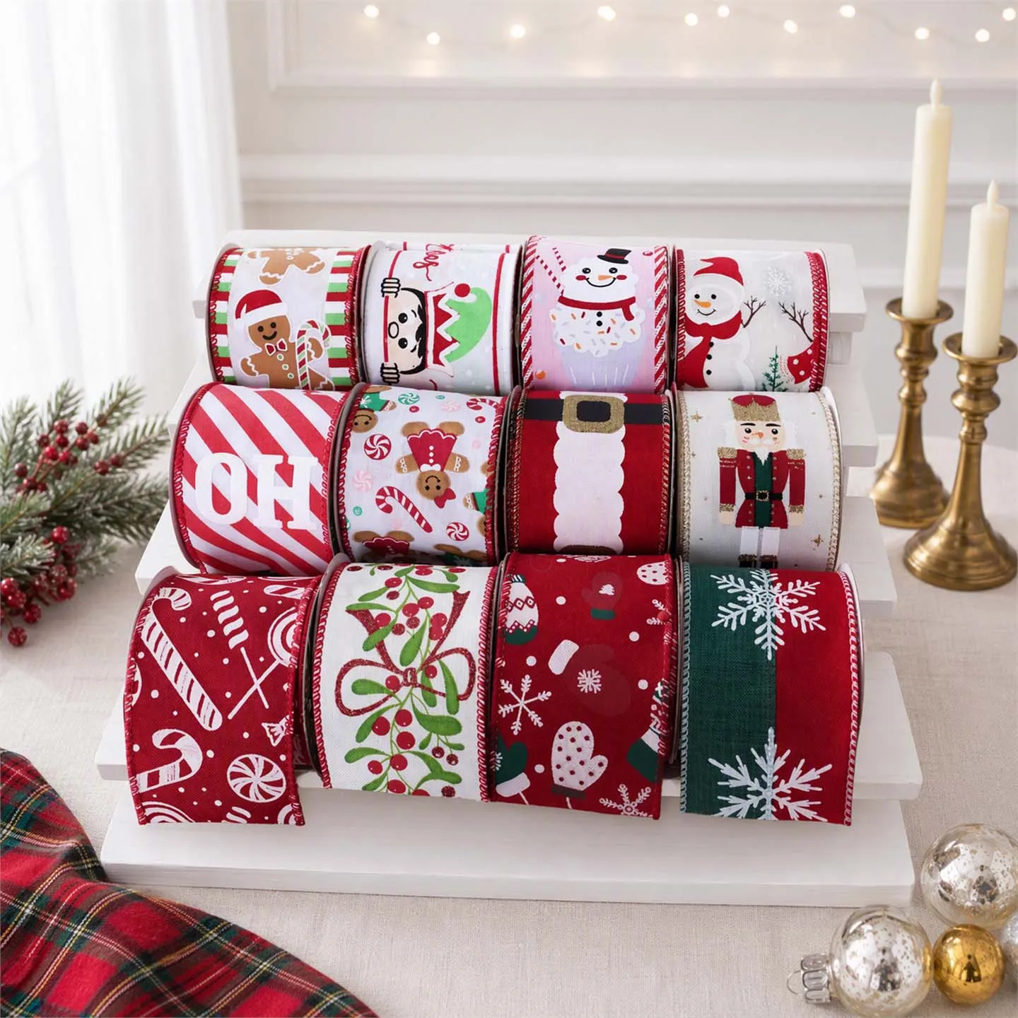 1PC Christmas Wired Edge Ribbon Snowman Nutcracker Gingerbread Printed Fabric Ribbon for Gift Wrapping Christmas Tree Bow Decor