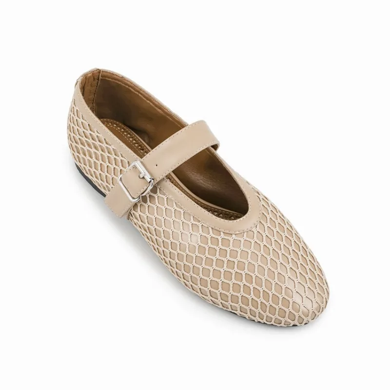 

New Mesh Round Toe Ballet Shoes 34-43 Hollow Leather sandal 2024 Belt Buckle Flat Shoes Candy Colored Casual Women's Shoes 36-45