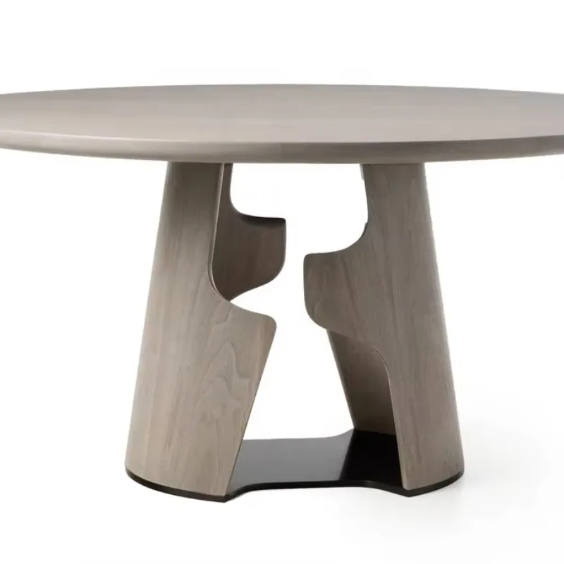 Accent round tabletop wooden dining table art design wooden base with metal baseplate restaurant