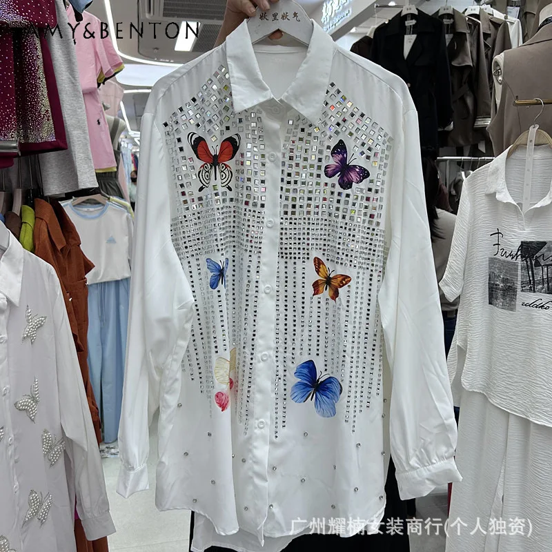 

Elegant Summer Long Sleeves Shirt Heavy Craft Inlaid Diamond Butterfly Print Top Loose Breathable Versatile Casual Blusas Women