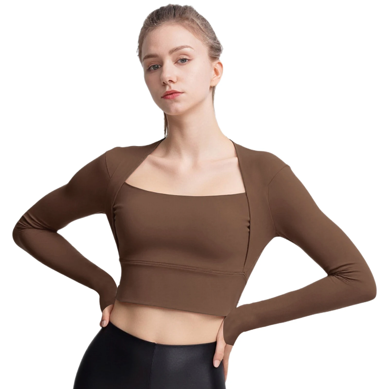 المرأة الرياضة الرطوبة فتل التجفيف السريع قميص رياضي كم طويل للإزالة منصات الصدر المحاصيل الأعلى لليوجا بيلاتيس تجريب القمم #1