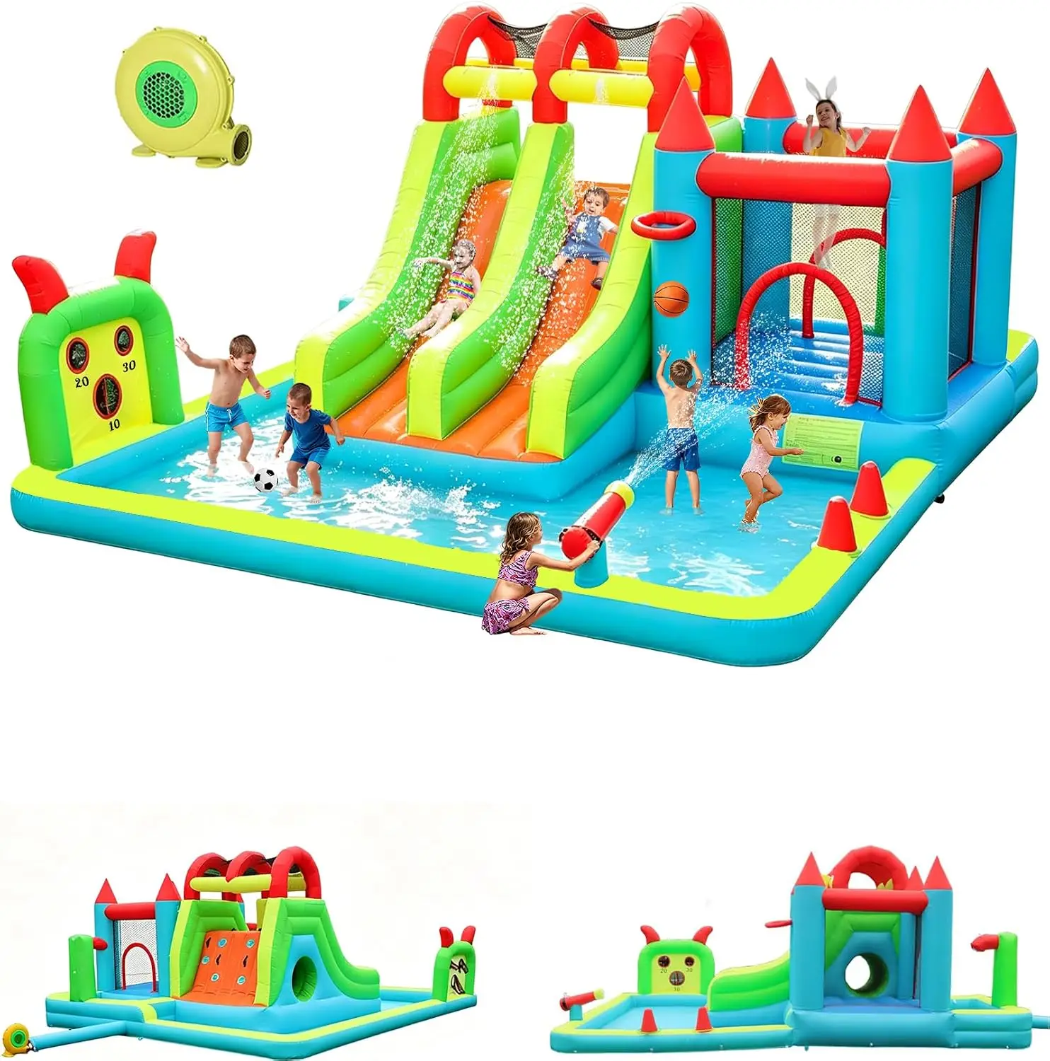 Inflatable Water Slide Park 18x15FT Mega Bounce House for Kids | Double Waterslide, Large Splash Pool, Deep Pool, Tunnel, Shower