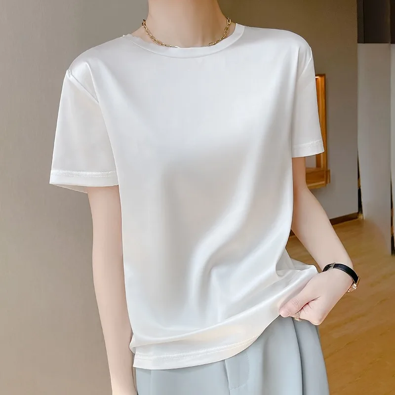 Silk Blend Half Sleeve round Neck T-Shirt Women's Loose Fit Inner Wear Top Korean Style Commute Fashion Summer Collection