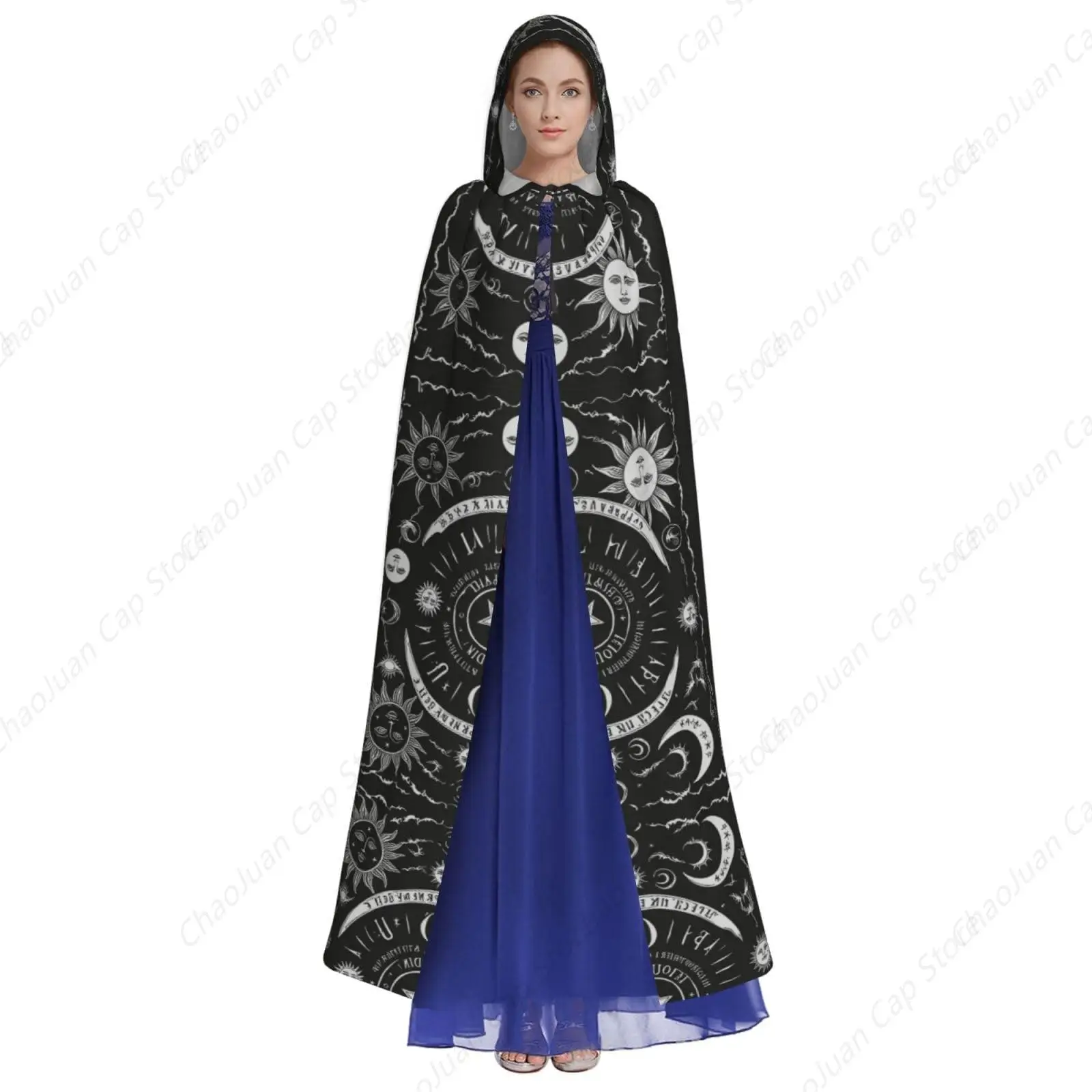 Christmas Cosplay Cape, Full Length Hooded Cloaks Tunic Friar Cloak for Unisex,Magical Sun and Moon Spirit Board Black Art Cloak