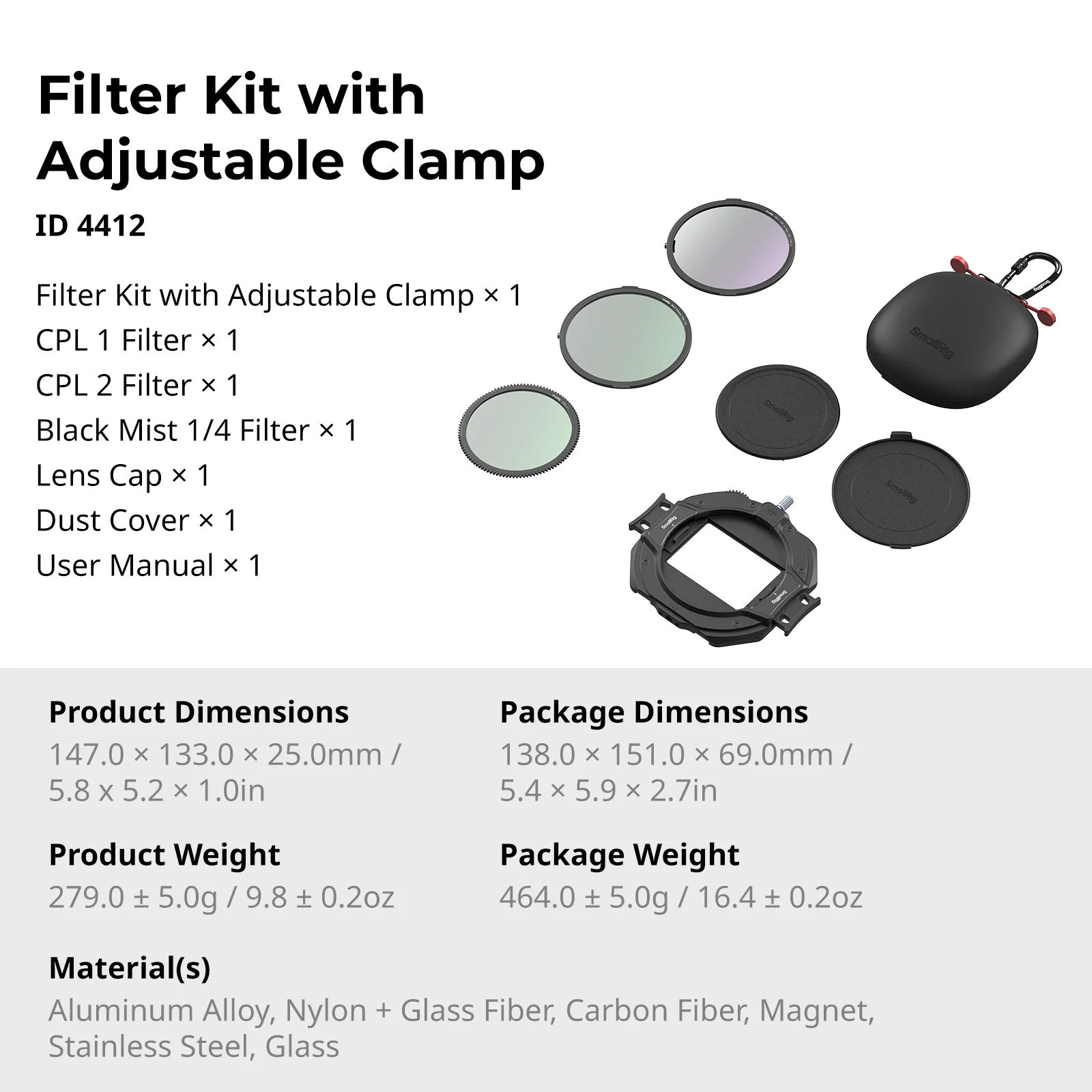 SmallRig-filterset met verstelbare klem van 67 mm-82 mm, met CPL, VND, zwarte diffusie 1/4-filters voor spiegelloze DSLR-camera's 4412