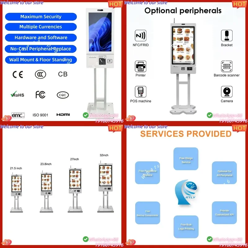 CE Certificate 21.5 27 32 Inch Touch Screen Floor Stand Restaurant Ordering Kiosk Fast Food Self Service Cashless Order