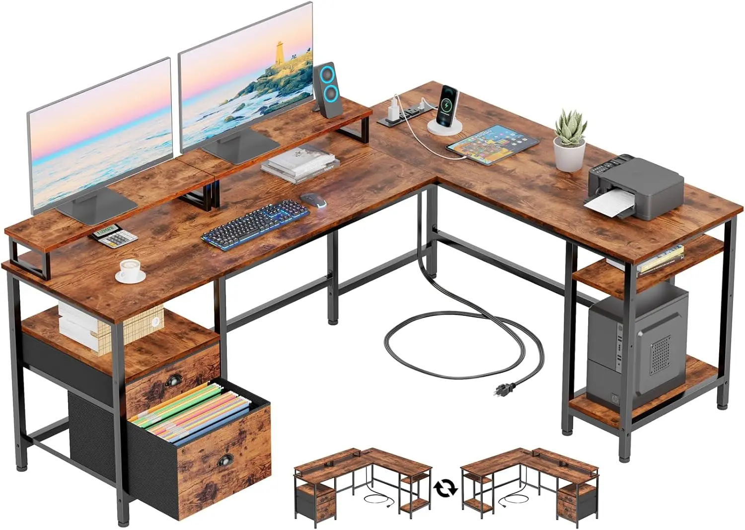 Shaped Desk with Power Outlet, Reversible Computer Desk with File Drawer & 2 Monitor Stands, Home Office Desk with Storage Shelv