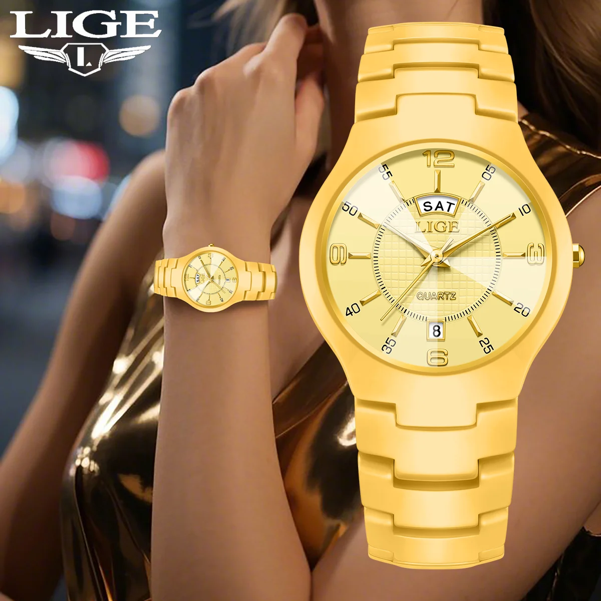 ساعات LIGE للسيدات بتقويم سيراميك مقاومة للماء ساعات يد نسائية ماسية بسيطة فستان ساعة عرض الأسبوع تاريخ كوارتز ساعة معصم