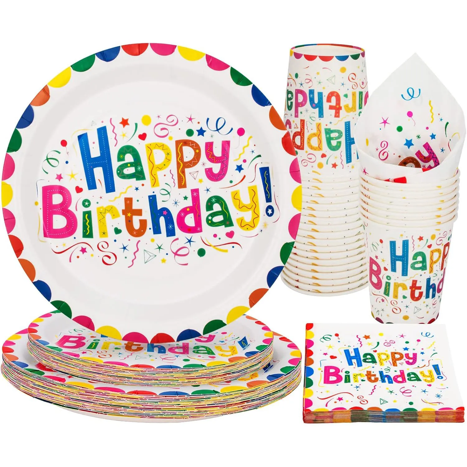 Geburtstags-Teller und Tassen und Servietten, Partyzubehör, Happy Birthday Party-Pappteller und Servietten-Sets für die Geburtstagsdekoration