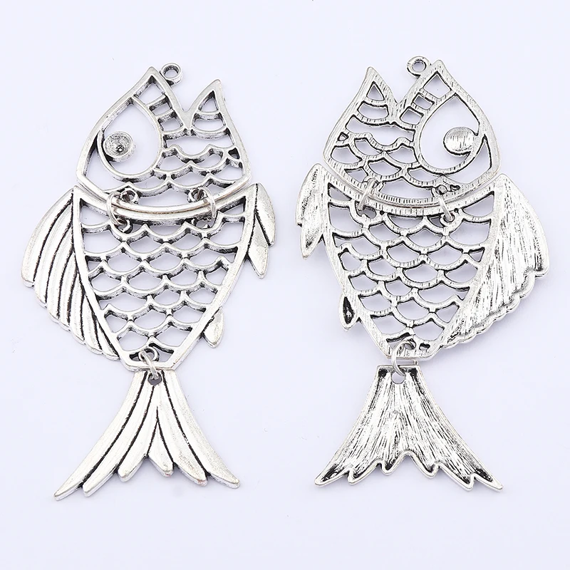 ZXZ 2pcs Tibetan Silver Large Filigree Fish Charms Pendants For Necklace Jewelry Making Findings 97x50mm