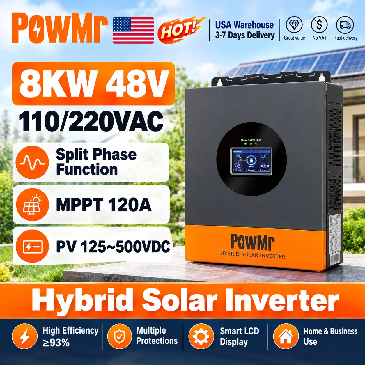 PowMr 8KW Split Phase Hybrid Solar Charge Inverter 48V to 110/220Vac Pure Sine Wave 120A Charger for Lead Acid & Lithium Battery Max PV 10500W 125-500V Input Can Parallel 6PC Off Grid UPS Uninterruptible Power Home Emergency Solar System for US House