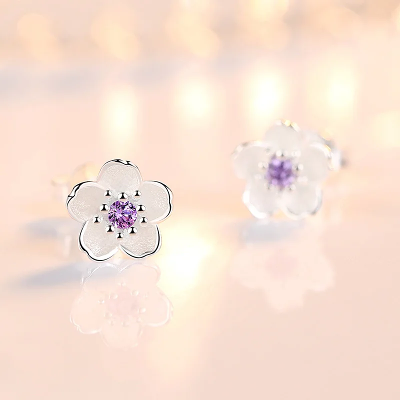 Real 925 Sterling Silver Crystal Jewelry New Flower Stud Earrings For Women XY0202