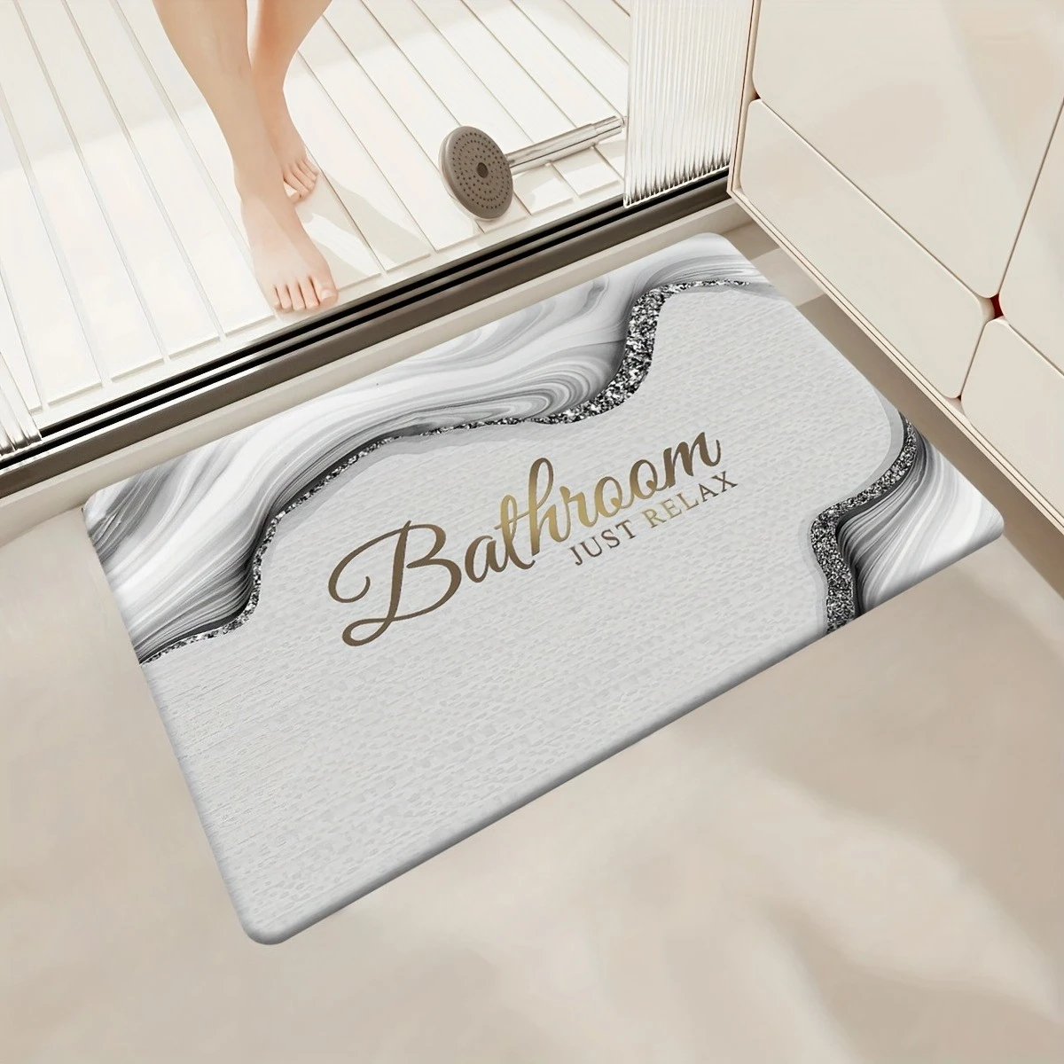 Bathroom Doormat for Entryway Floor Mat Home Decor Abstract Fluid Wave Art Print Elegant Cursive Letter Just Relax Indoor