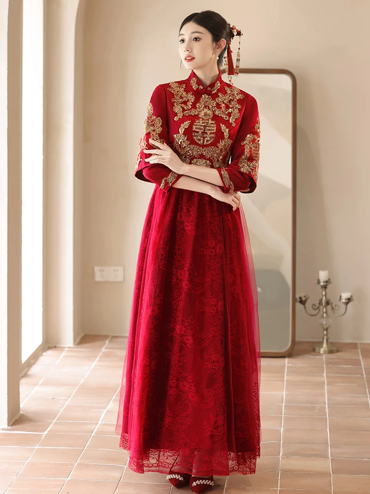 

Красное китайское свадебное платье для беременных с длинными рукавами, скрывающее живот, на низком каблуке, больших размеров, для свадебной церемонии