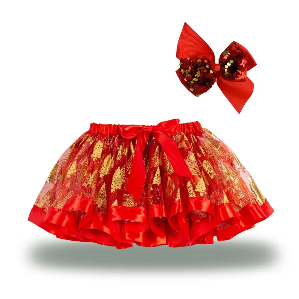 Girl Christmas Tutu Skirt Girls Clothes Pettiskirt Santa Kids Tutu Party Dance Ballet Princess Lovely Skirt + Bow Hair Clip