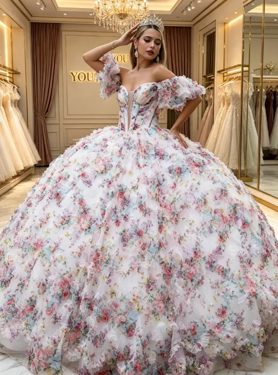Fashion Light Pink Quinceanera Dresses Flower print long off shoulder dress and A-line pleated skirt rotating vestidos para niñ