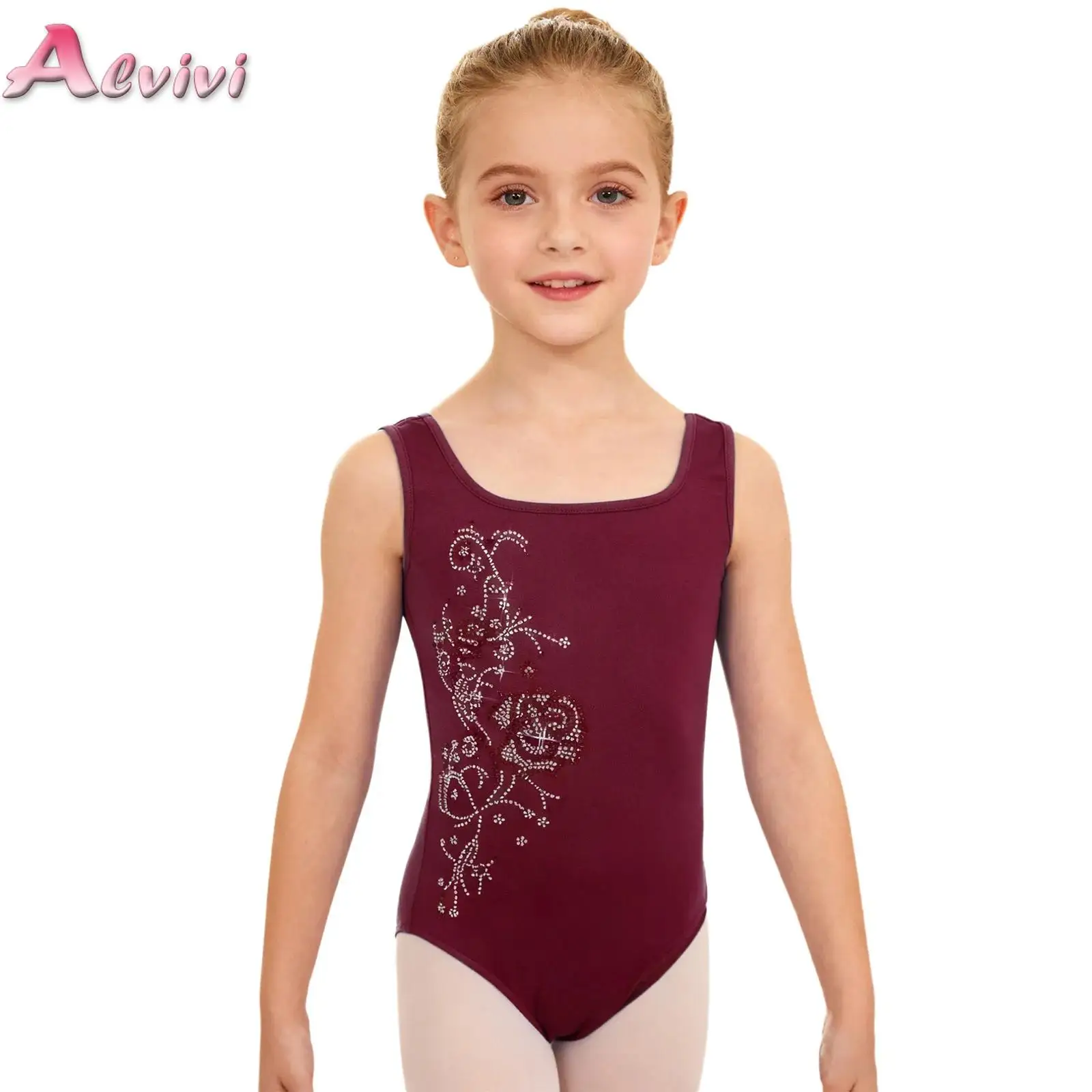 

Kids Girls Shiny Rhinestone Flower Dance Leotard Gymnastics Ballet Figure Skating Costume Sleeveless Thin Fleece Lined Bodysuit