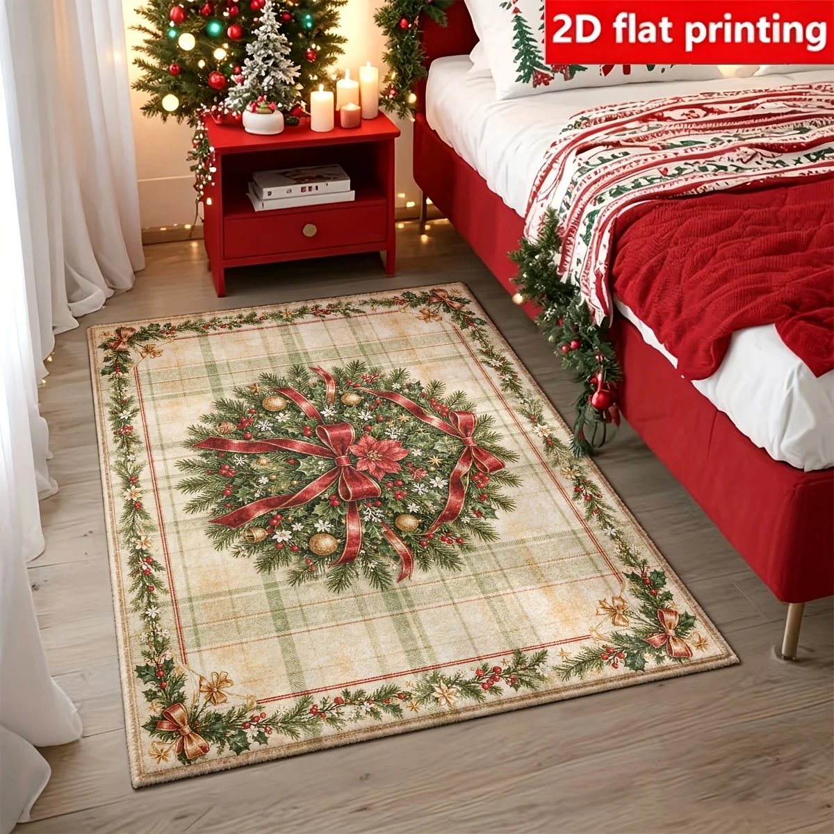 1pc 2D Flat Christmas Wreath Plaid Printed Floor Mat, Decorative Rug for Living Room, Bedroom, Home