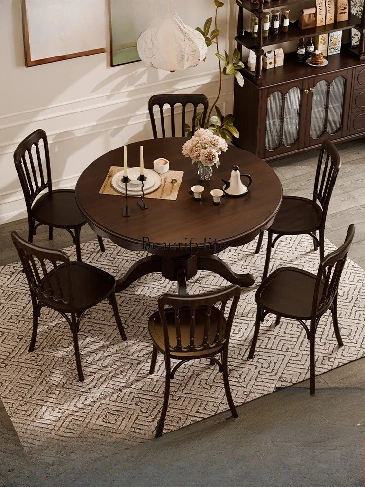 

46Retro dining table solid wood petals round home eating large table chairs French simple medium-sized home new