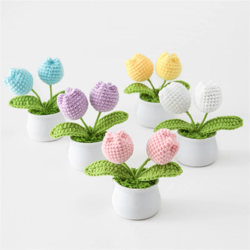 Handwoven Yarn Flower Double Headed Tulip Small Potted Plant Finished Product Simulation Flower Home Decoration Small Ornaments