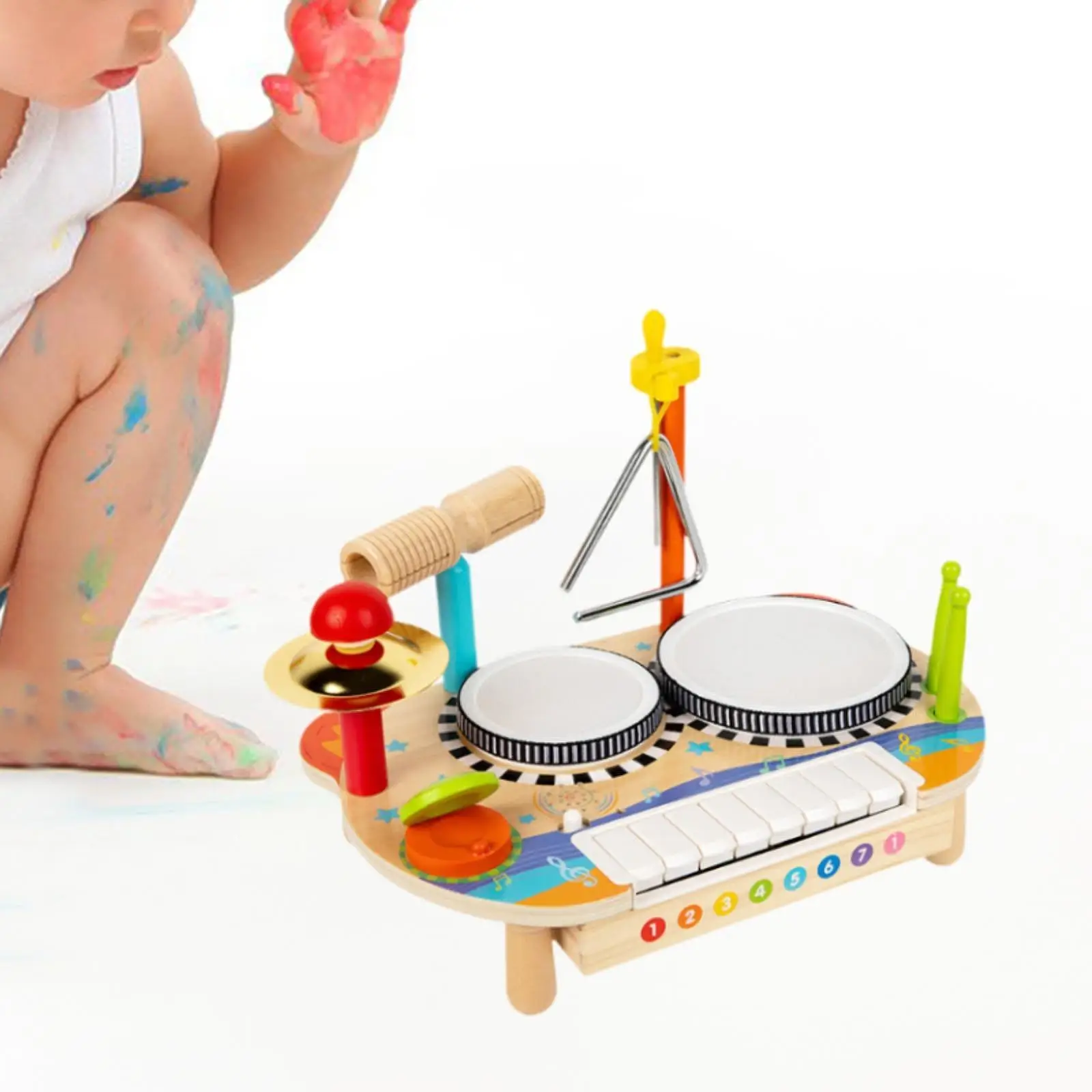 

Kids Drum Set Baby Musical Toy Wooden Preschool Music Percussion for